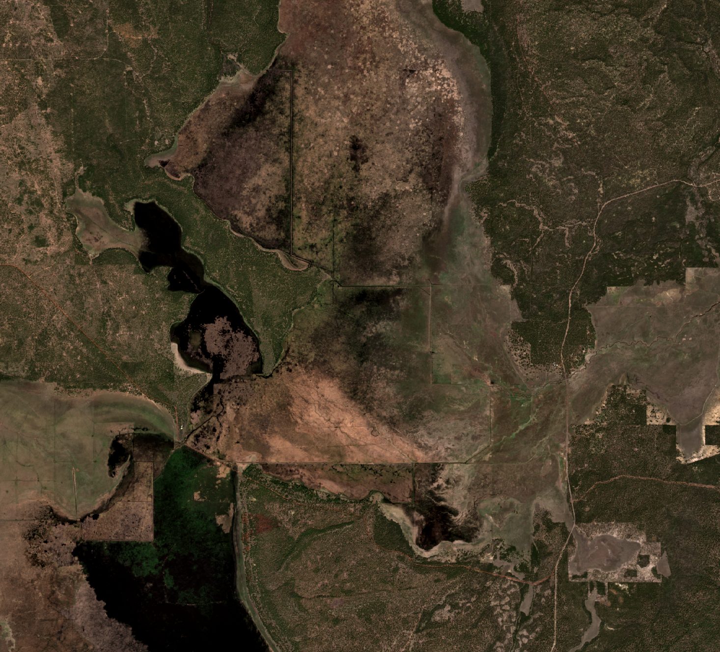 Klamath Marsh on April 18, 2024: most of the upper marsh is dry, brown ground.