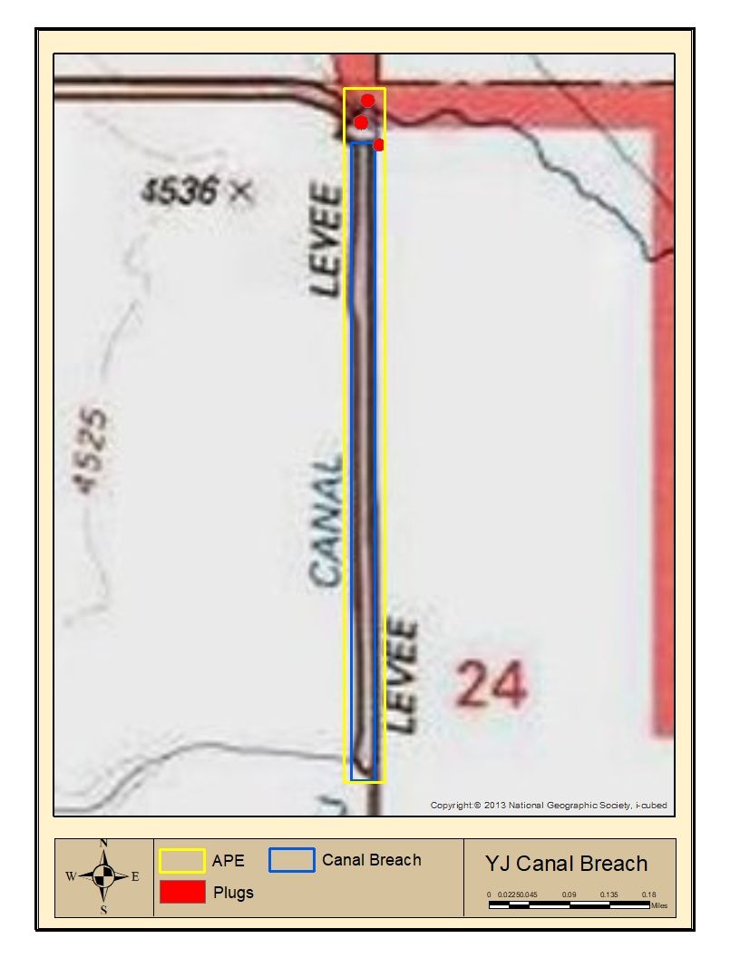 Refuge compliance map titled YJ Canal Breach, showing the canal in Section 24 with plugs at its north end.